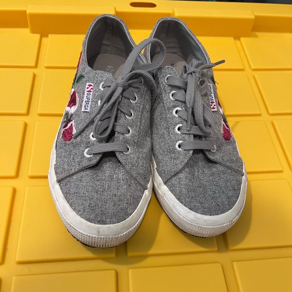 Superga Gray Sneakers with Red Floral Embroidery